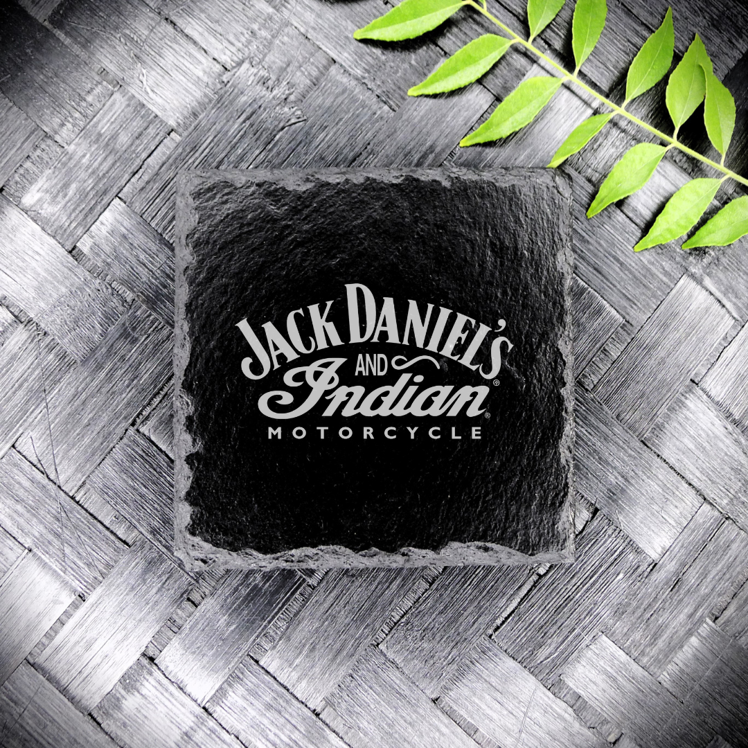 Jack Daniels & Indian Motorcycle Slate Coaster  Handcrafted Laser Engraved