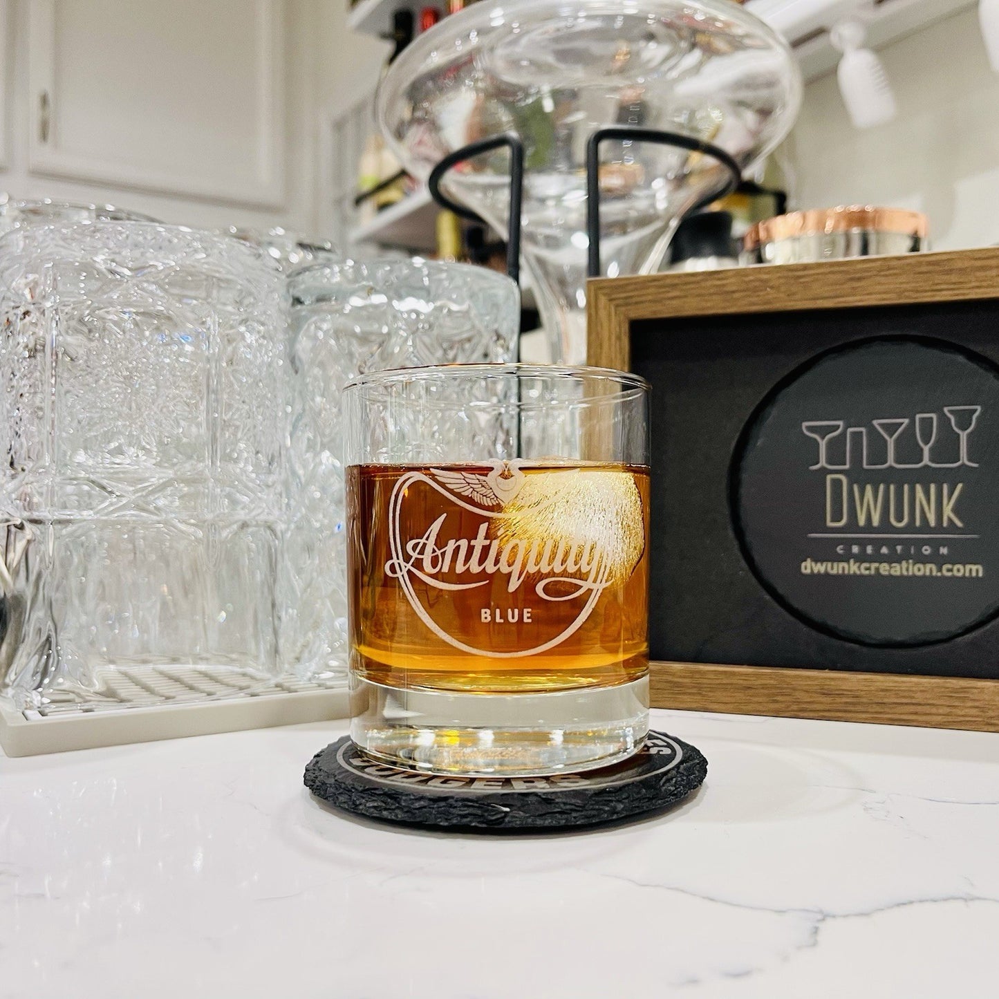 Custom Engraved Antiquity Blue Whiskey Glass – 11 oz Standard Rocks Glass