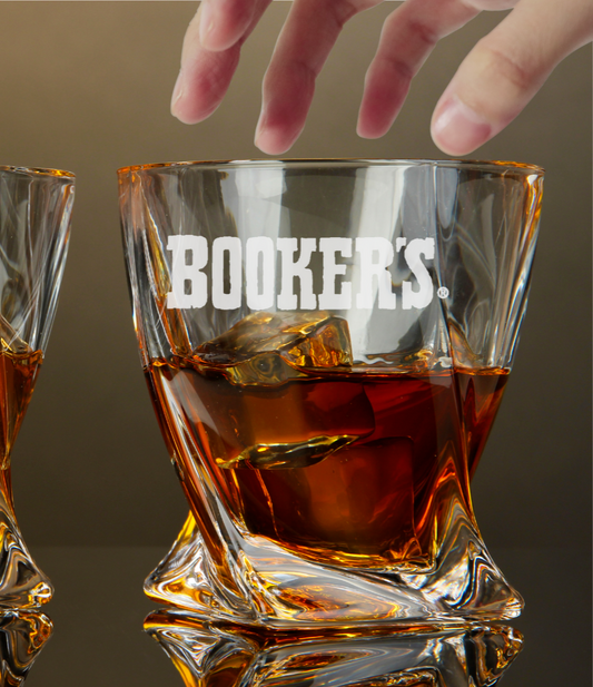 BOOKER’S Twisted Whiskey Glass 10 OZ Old Fashioned Laser Engraved Rock Glass New