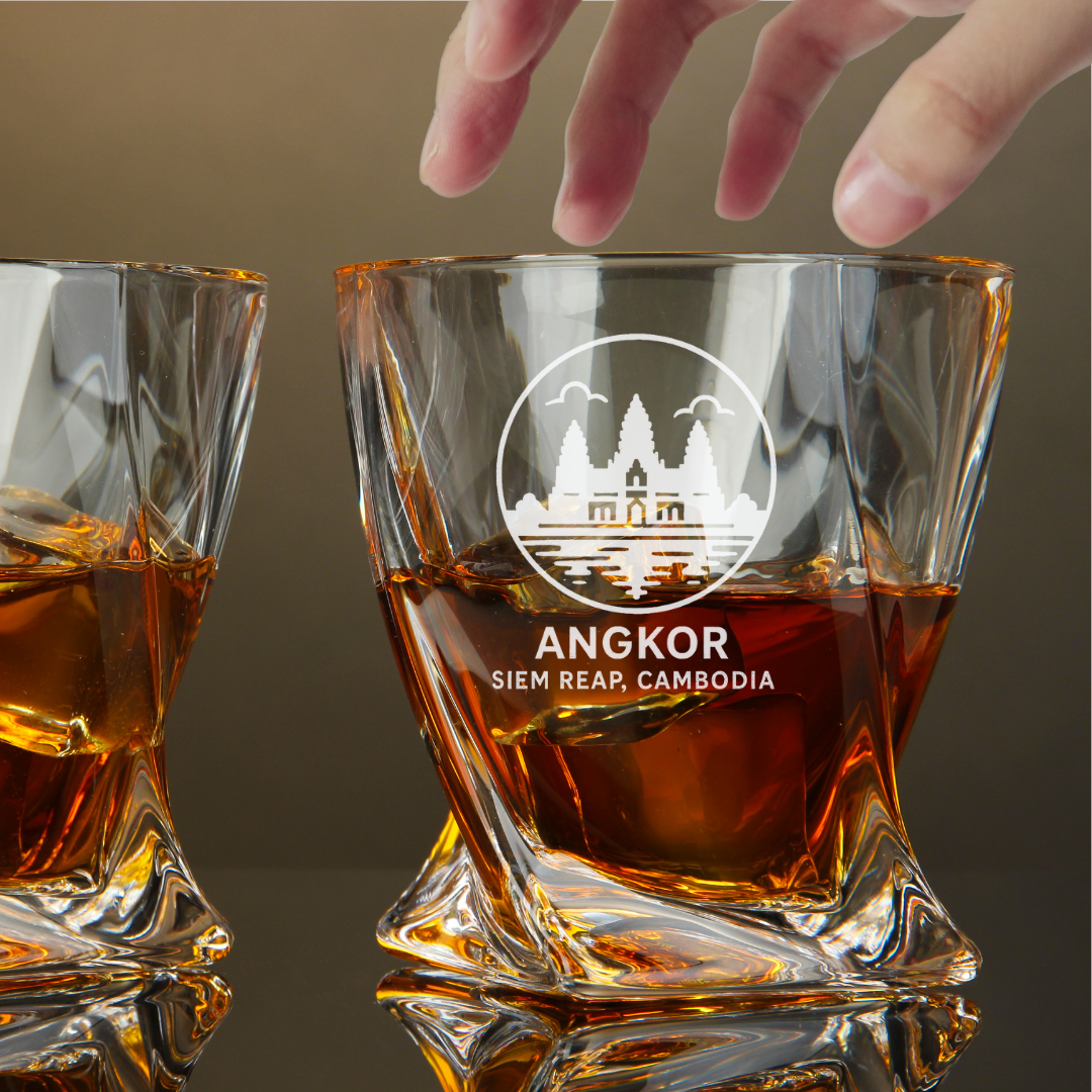 Custom Engraved Angkor Siem Reap Cambodia Whiskey Glass – 10 oz Twisted Rocks