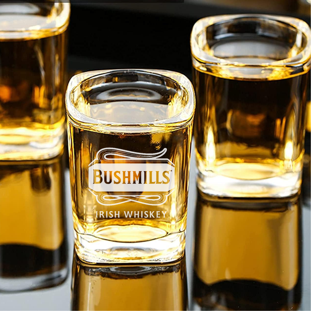 Custom Engraved Bushmills Irish Whiskey Shot Glass – 2.2 oz Square Glass