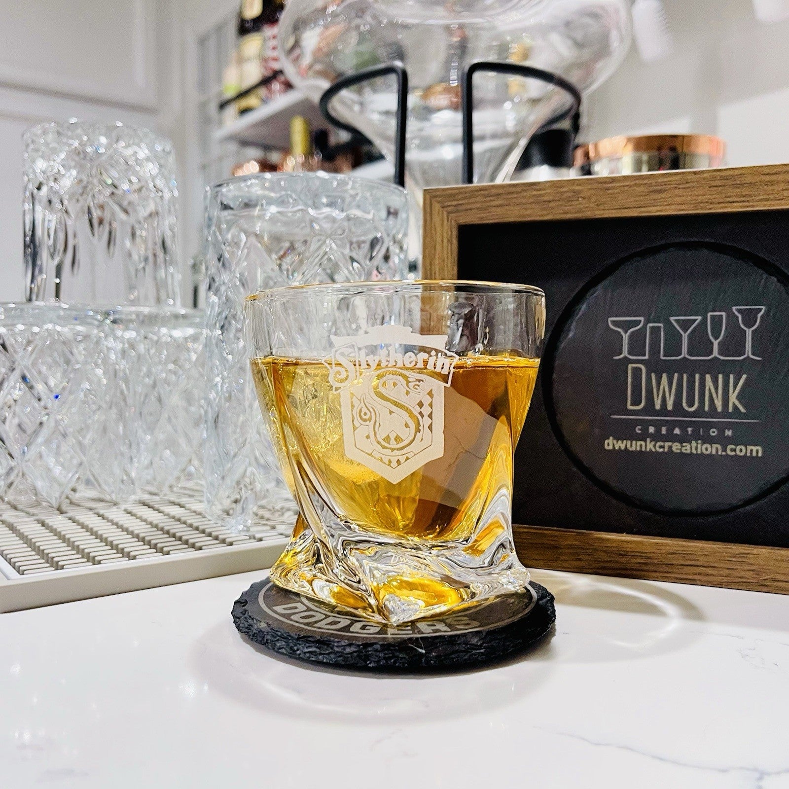 Custom Harry Potter House Slytherin Whiskey Glass – 10 oz Twisted Rocks Glass