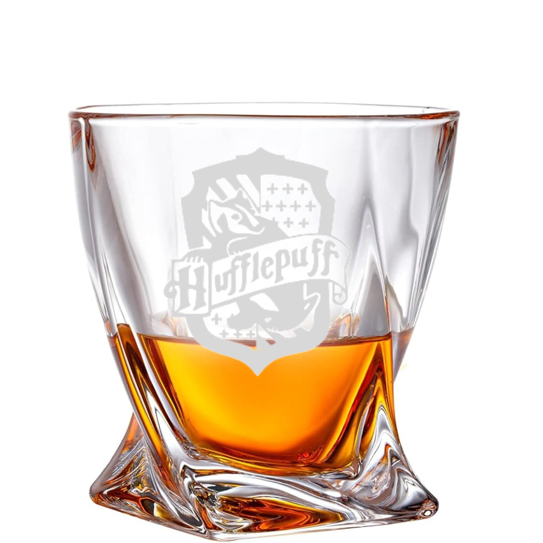 Custom Engraved Hufflepuff Whiskey Glass – 10 oz Twisted Rocks Glass