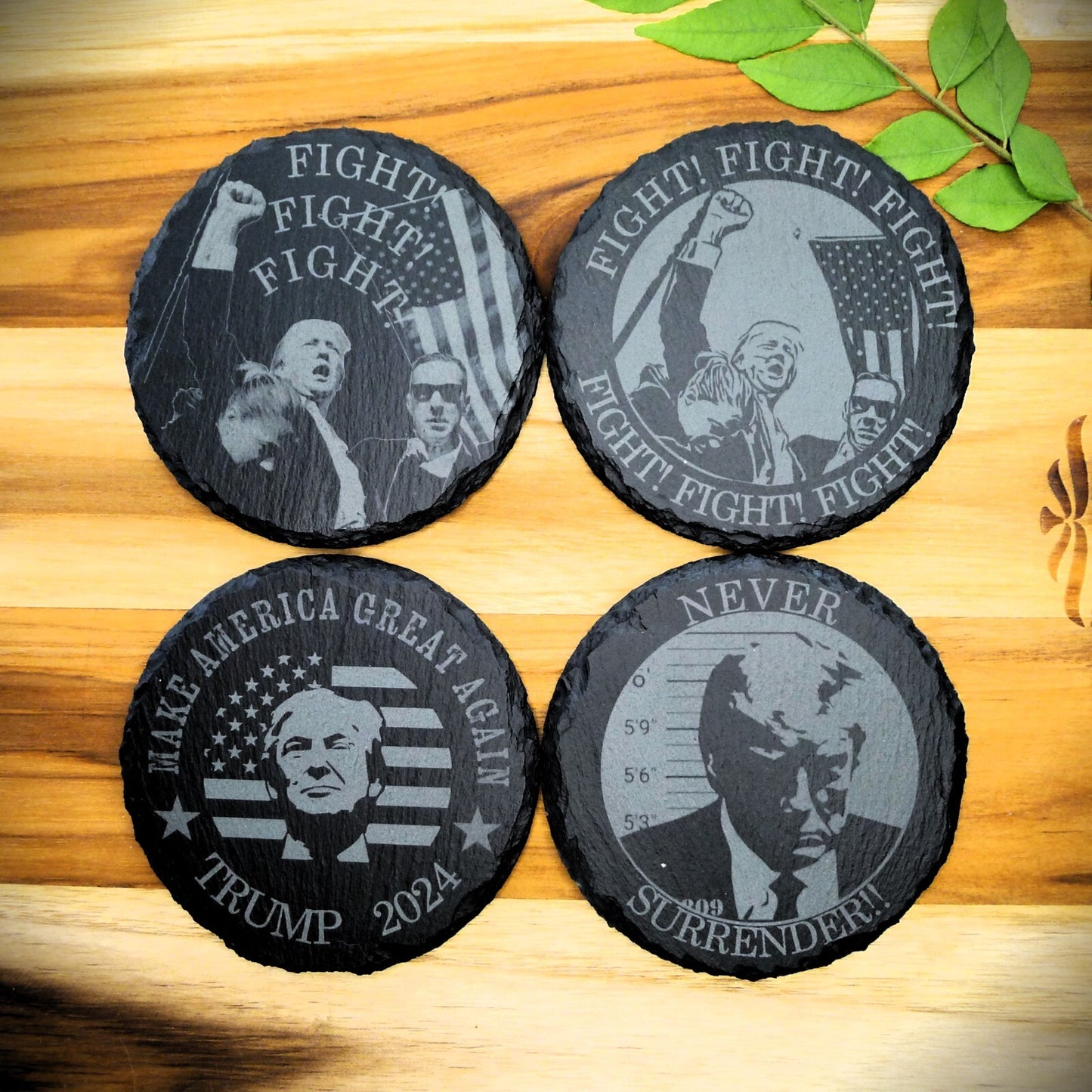 Trump 2024 FIGHT Never Surrender Assassination MAGA Slate Coaster Set