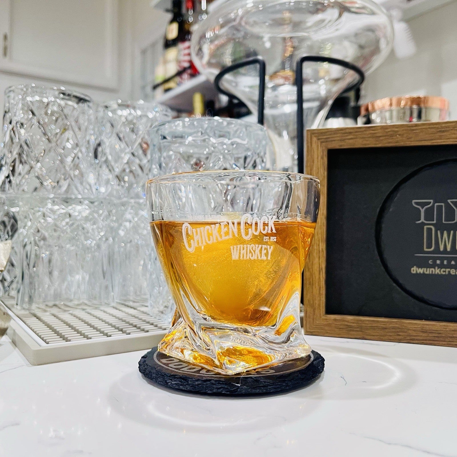 Custom Engraved Chicken Cock Twisted Whiskey Glass – 10 oz Rocks Glass