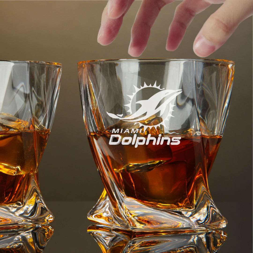 Custom Engraved Miami Dolphins Whiskey Glass – 10 oz Twisted Rocks Glass