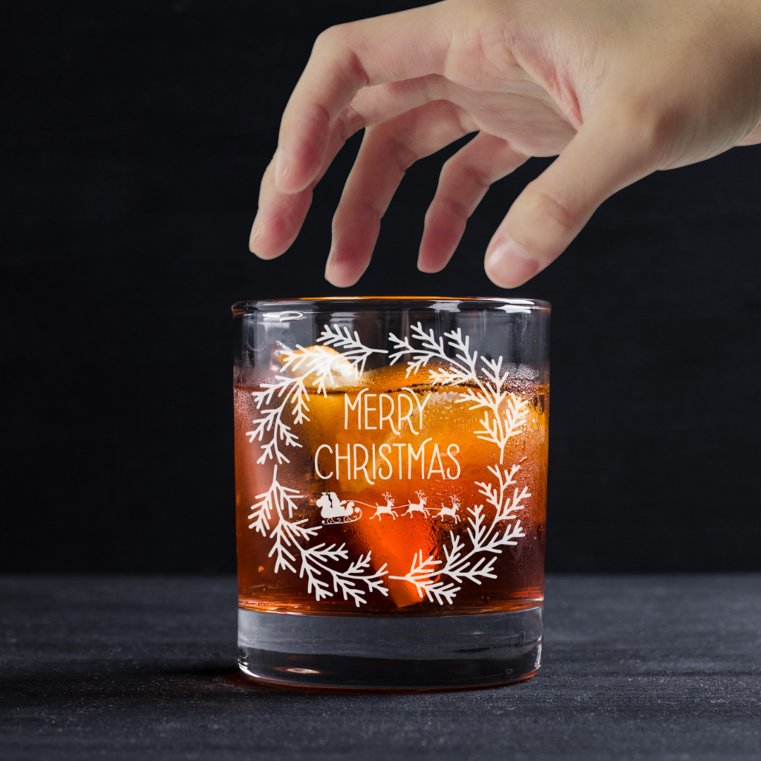 Custom Engraved Merry Christmas Wreath Rocks Whiskey Glass – 11 oz Capacity