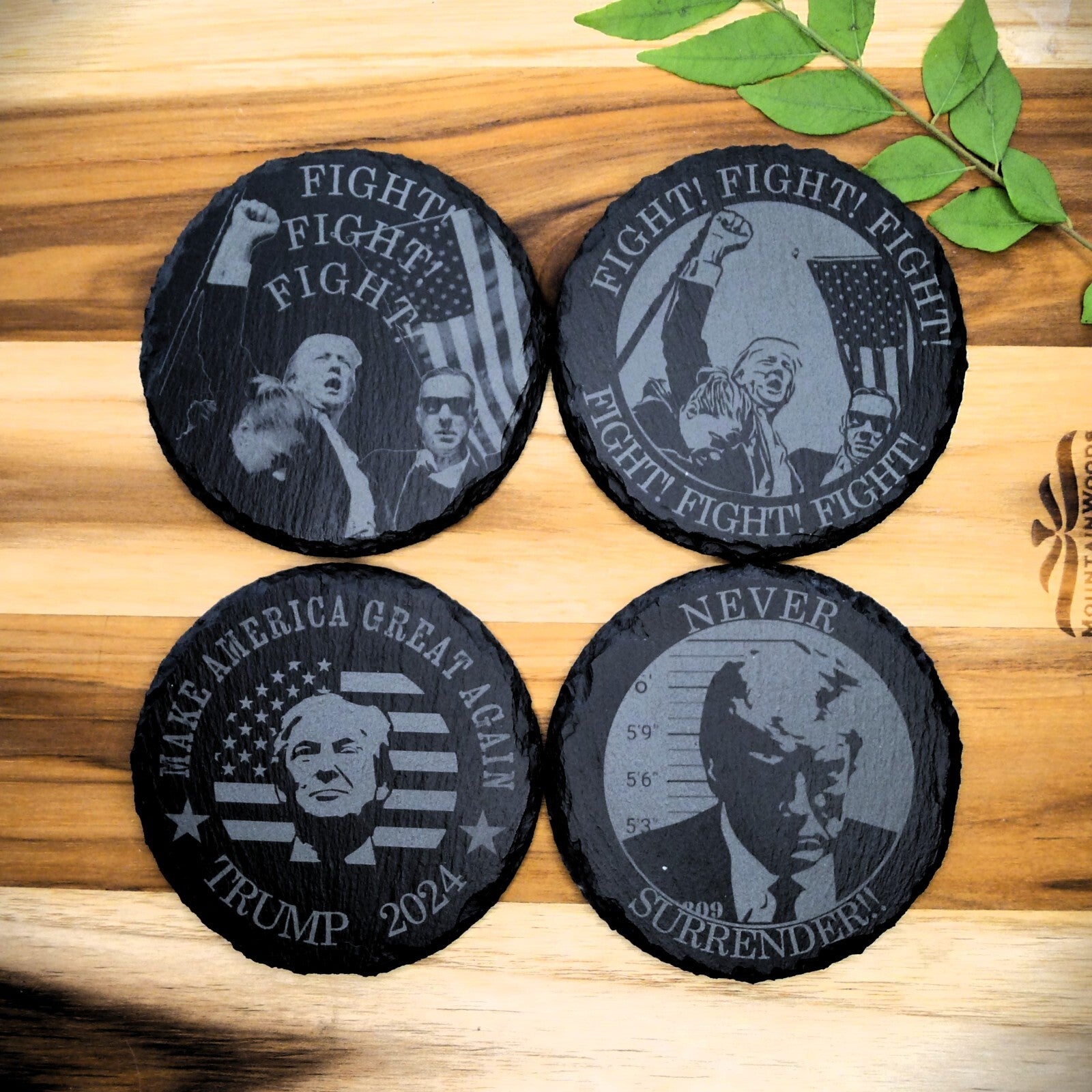 Trump 2024 FIGHT Never Surrender Assassination MAGA Slate Coaster Set