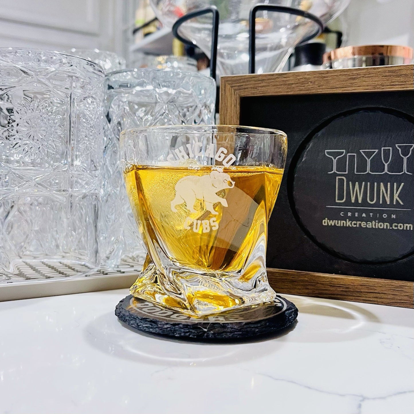 Custom Engraved Chicago Cubs Whiskey Glass – 10 oz Twisted Rocks Glass