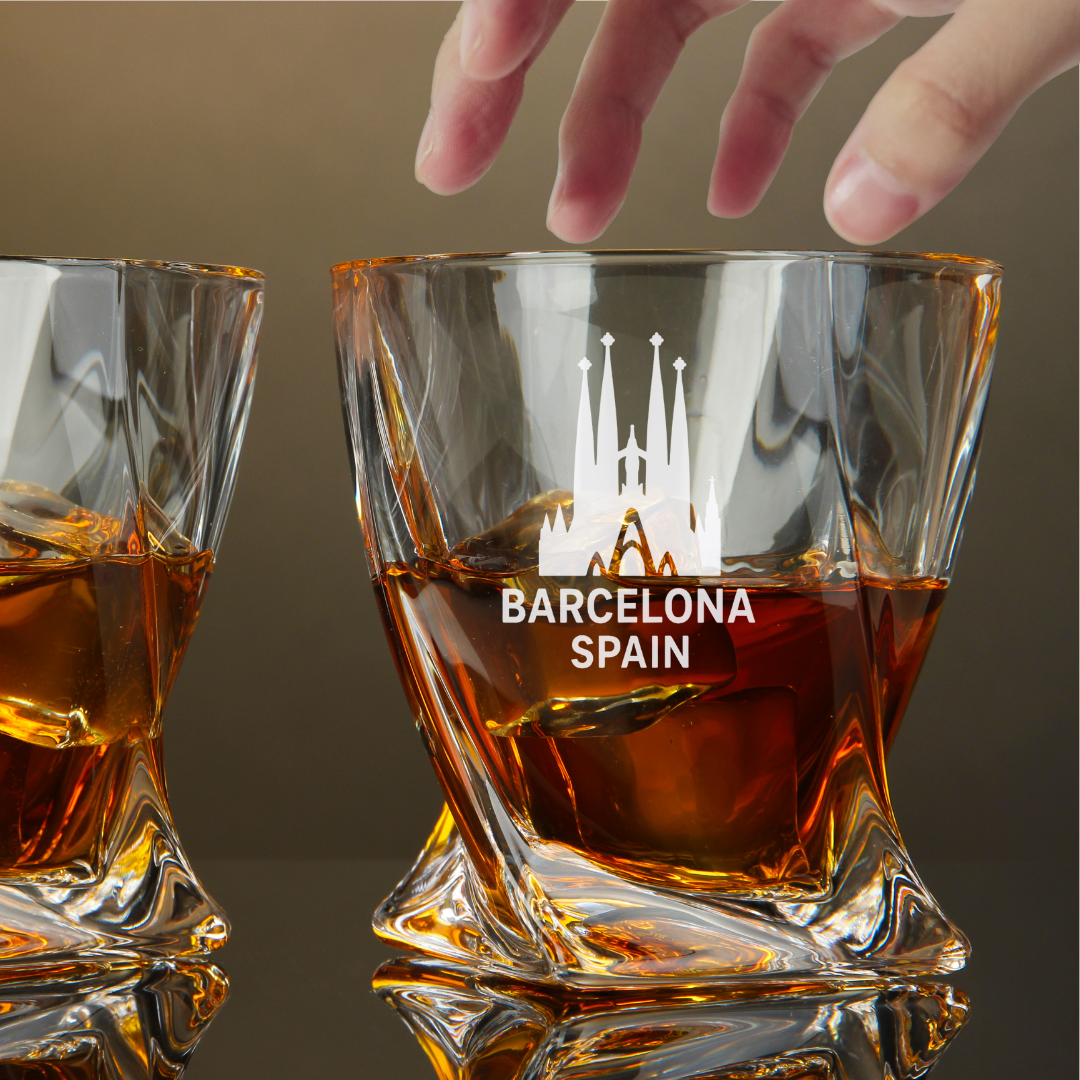 Custom Engraved Barcelona Spain Whiskey Glass – 10 oz Twisted Rocks Glass