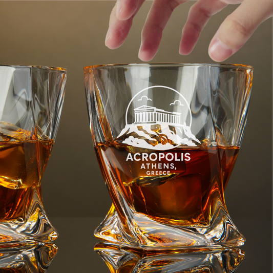 Custom Engraved Acropolis Athens Greece Whiskey Glass 10 oz Twisted Rocks Glass