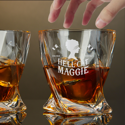 Custom Engraved Hell-Cat Maggie Whiskey Glass – 10 oz Twisted Rocks Glass