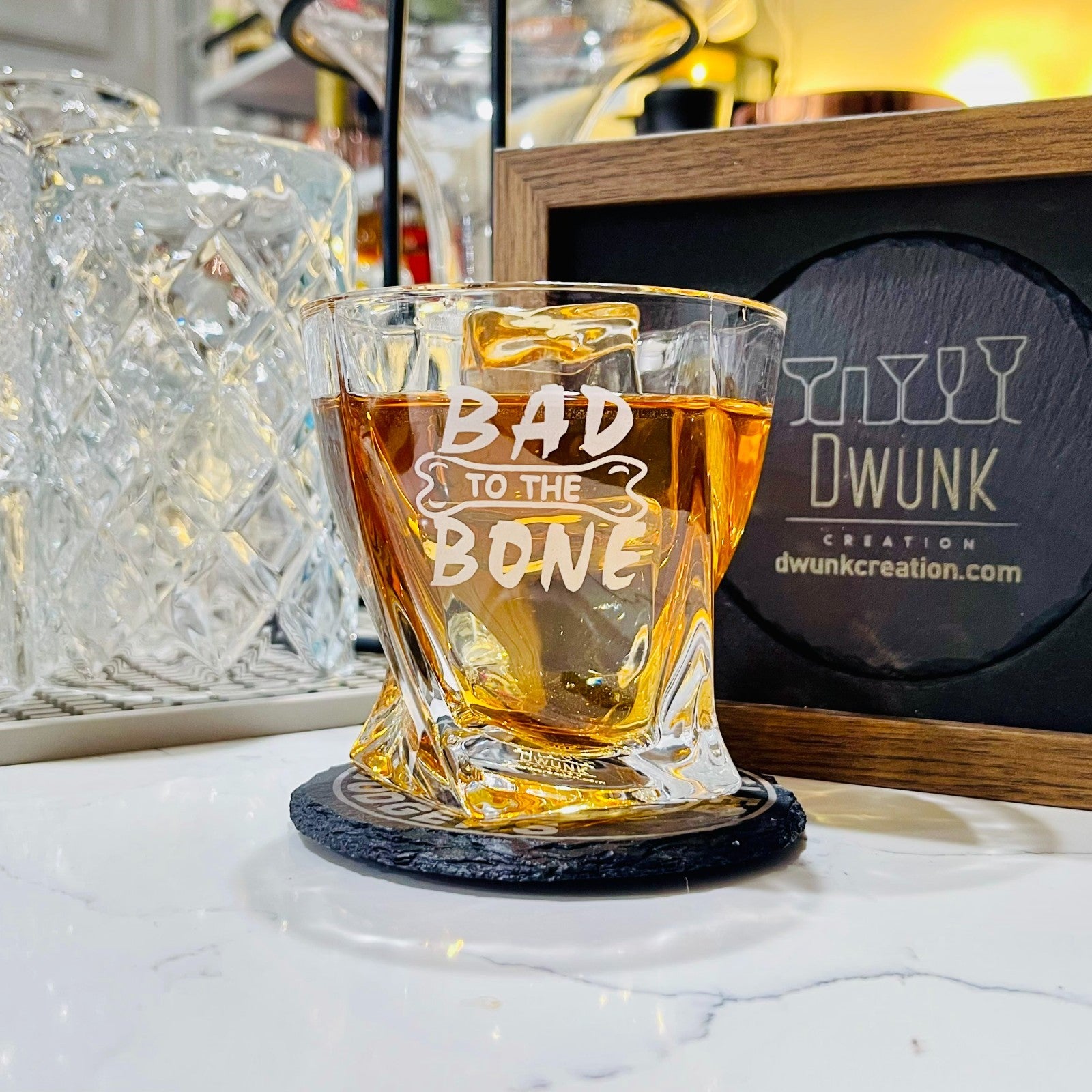 Custom Engraved Bad to the Bone Whiskey Glass – 10 oz Twisted Rocks Glass