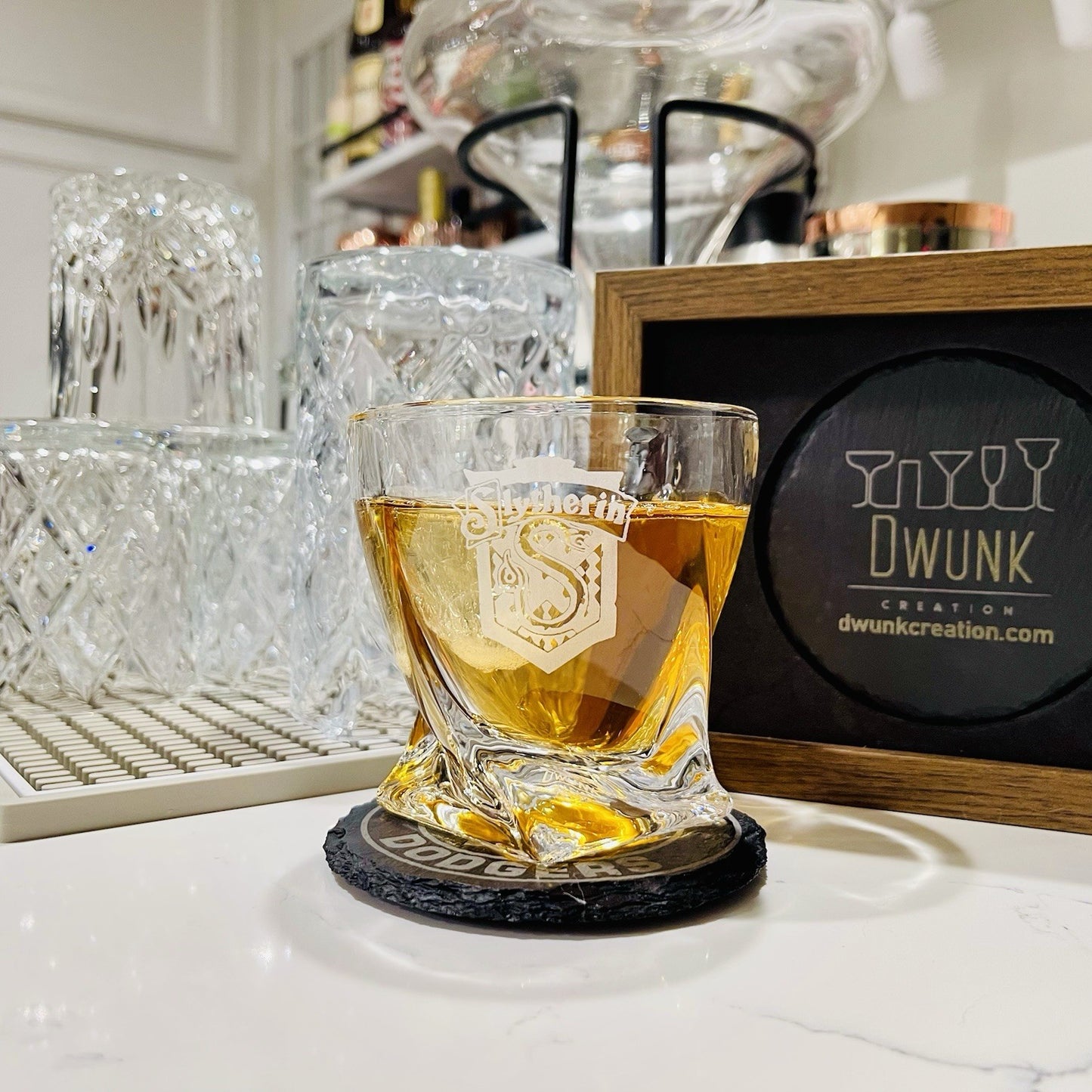 Custom Harry Potter House Slytherin Whiskey Glass – 10 oz Twisted Rocks Glass