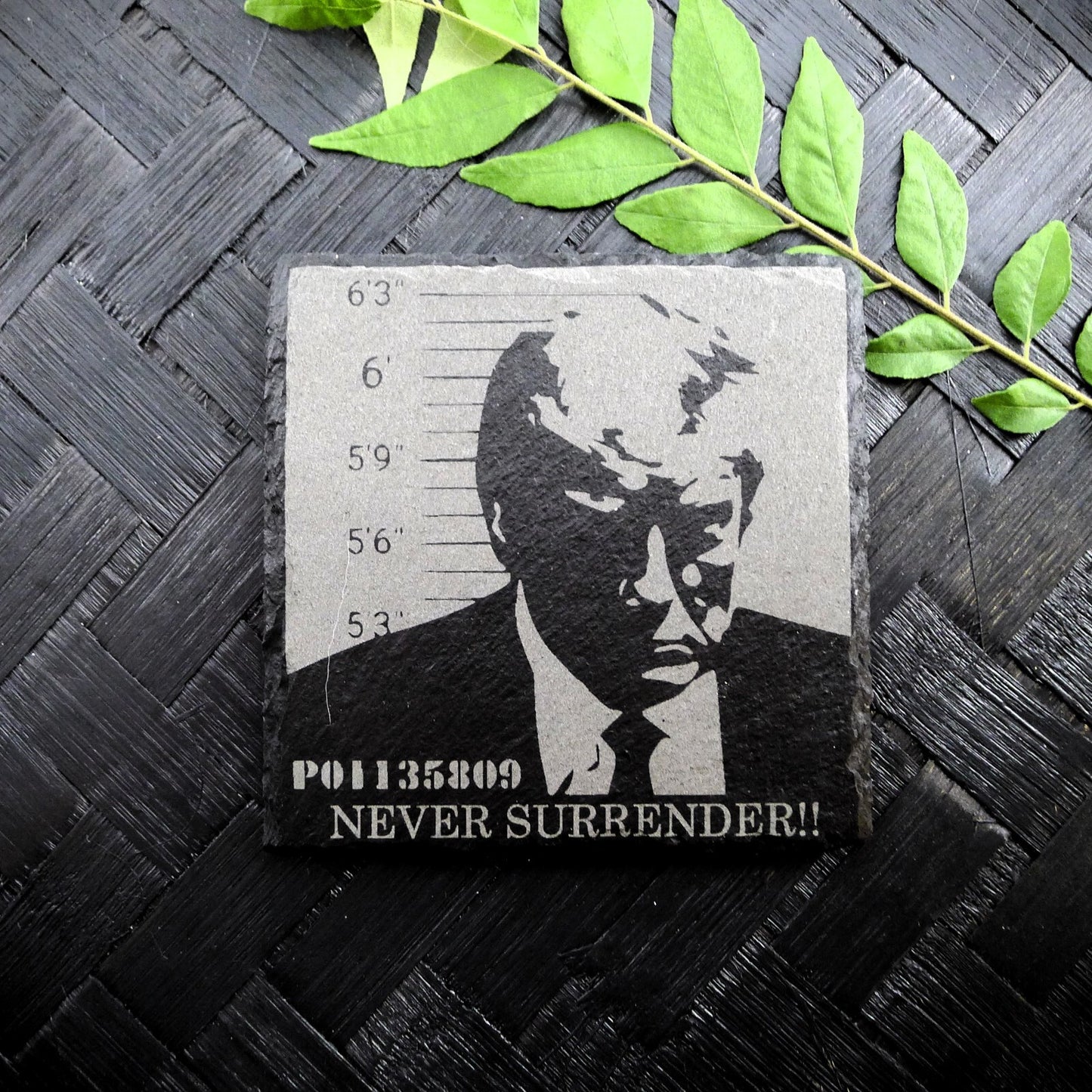 Trump NEVER SURRENDER MUG SHOT Slate Coaster Patriotic Home Decor MAGA 