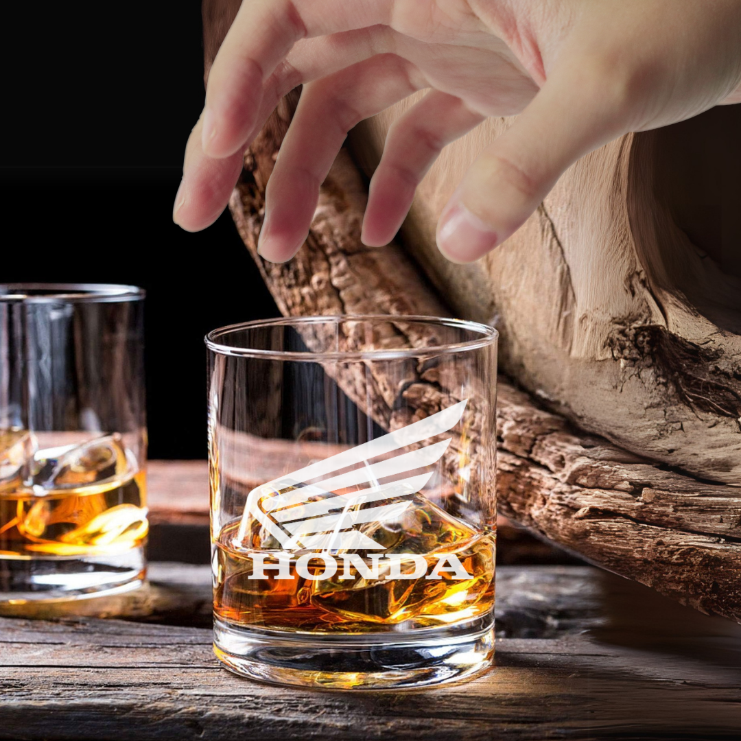 Custom Engraved Honda Motorcycle Whiskey Glass – 7 oz Old Fashioned Rocks Glass