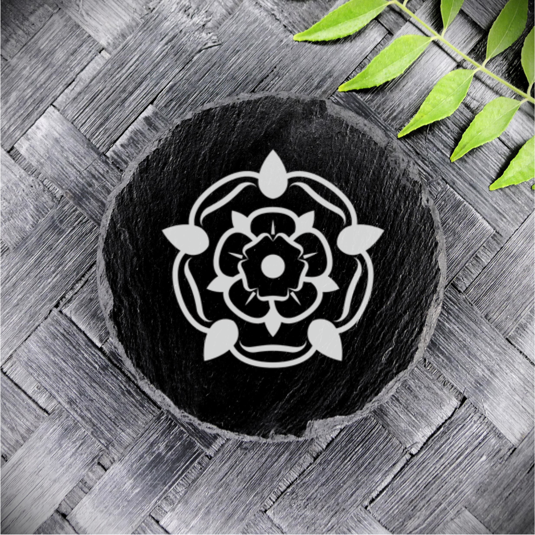 Tudor Rose Slate Coaster Brand New Handcrafted Laser Engraved Round