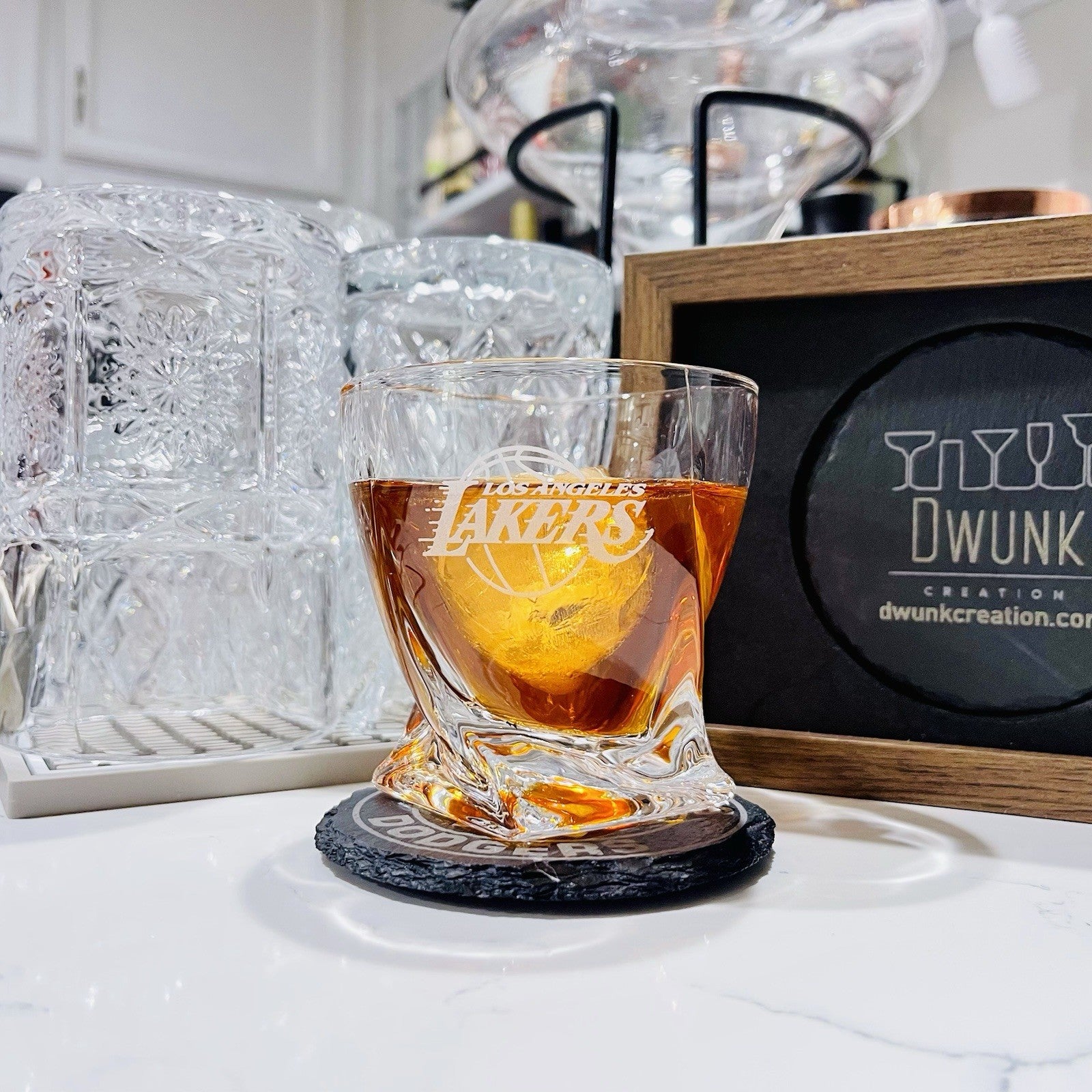 Custom Engraved Los Angeles Lakers Whiskey Glass – 10 oz Twisted Rocks Glass