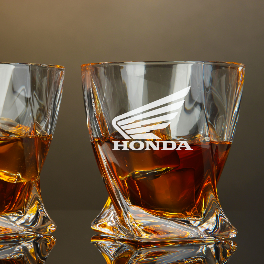 Custom Engraved Honda Motorcycle Whiskey Glass – 10 oz Twisted Rocks Glass