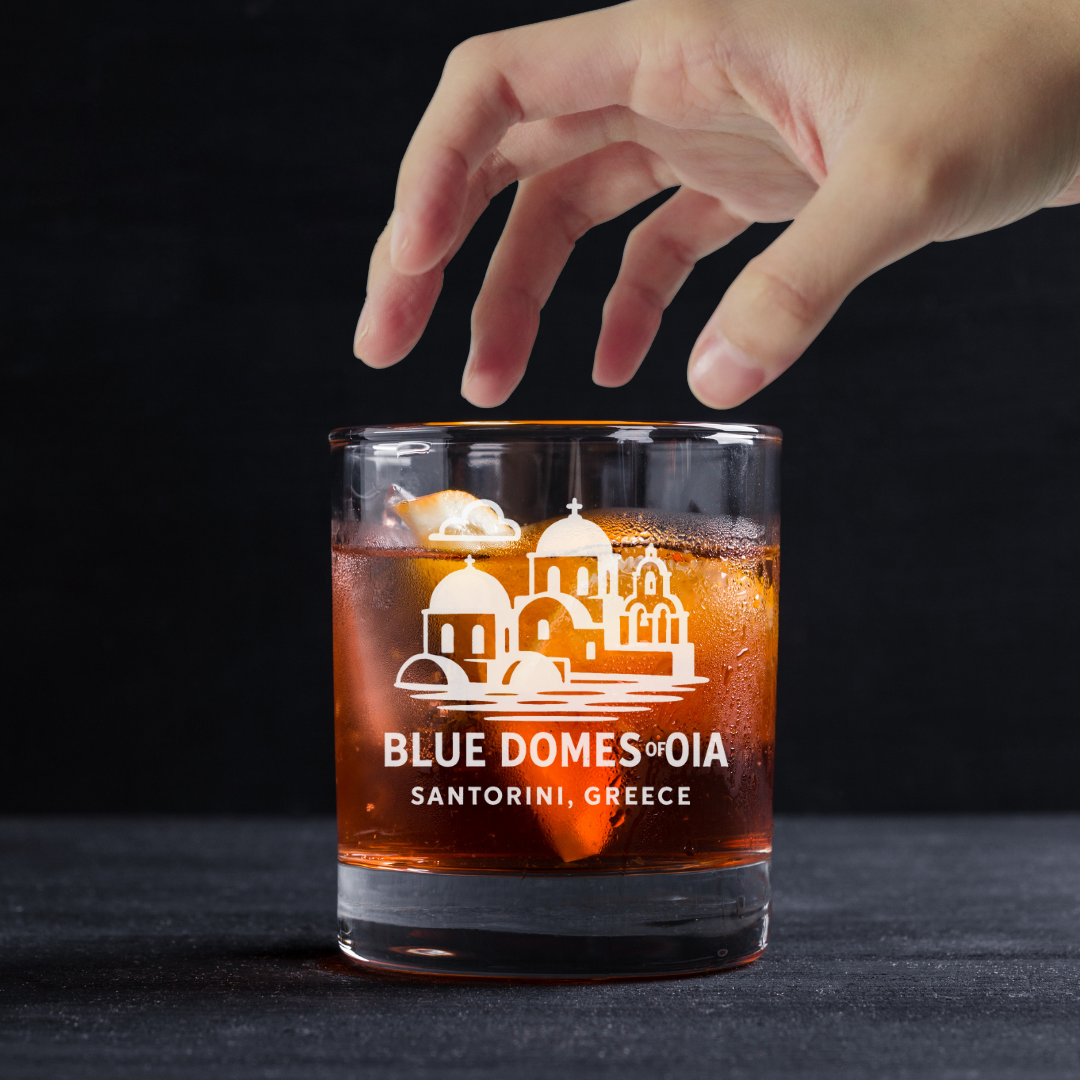 Custom Engraved Blue Domes of Oia Santorini Greece Whiskey Glass – 11 oz Rocks