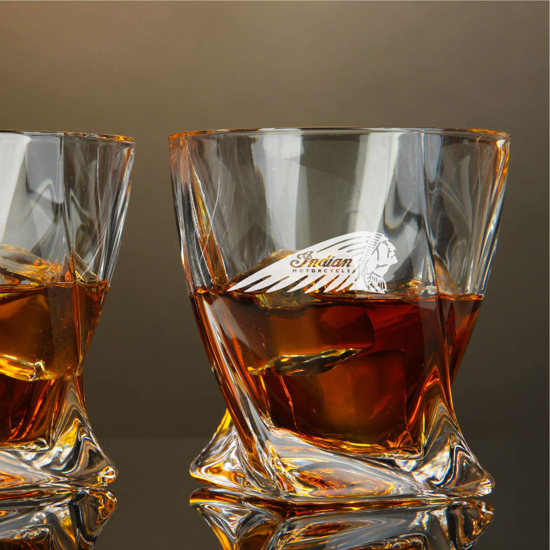 Custom Engraved Indian Motorcycle Whiskey Glass – 10 oz Twisted Rocks Glass