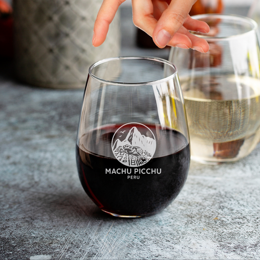 Custom Engraved Machu Picchu Wine Glass – 15 oz Stemless Glass