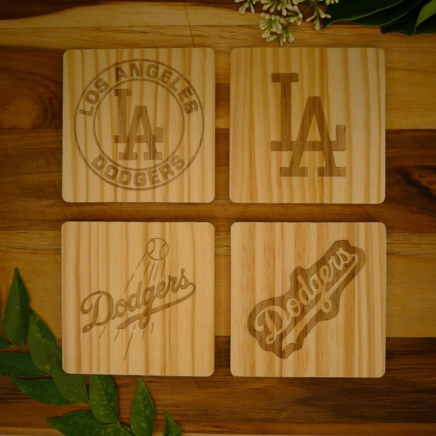 Los Angeles LA Dodgers Coaster Set MLB Brand New Laser Engraved Wood Hand Made 