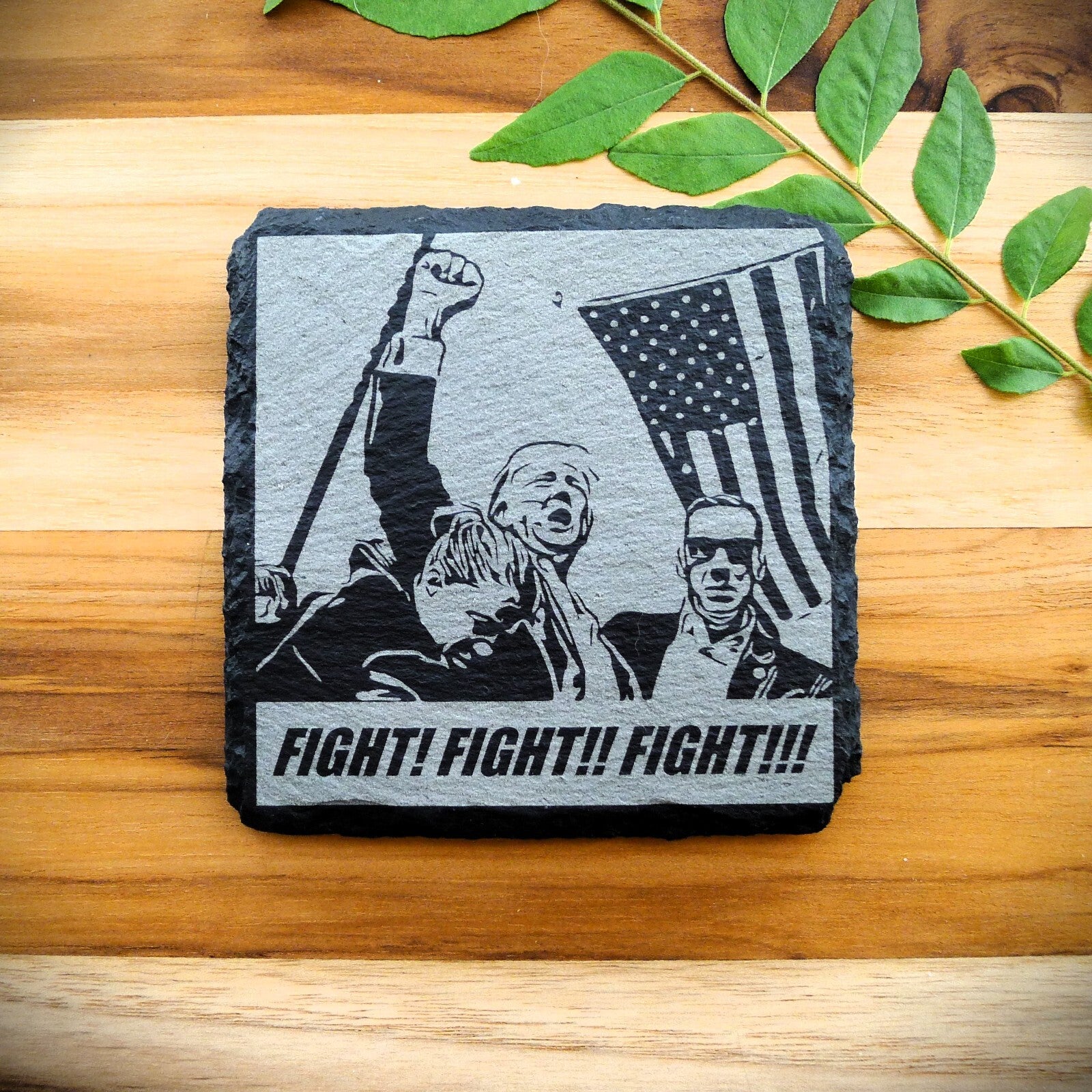 Trump 2024 FIGHT Never Surrender Assassination MAGA Square Slate Coaster Set
