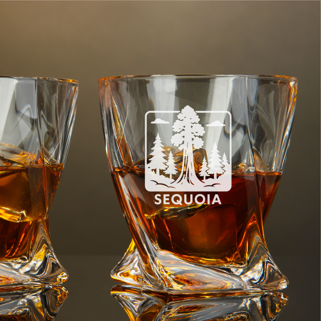 Custom Engraved Sequoia Whiskey Glass – 10 oz Twisted Rocks Glass