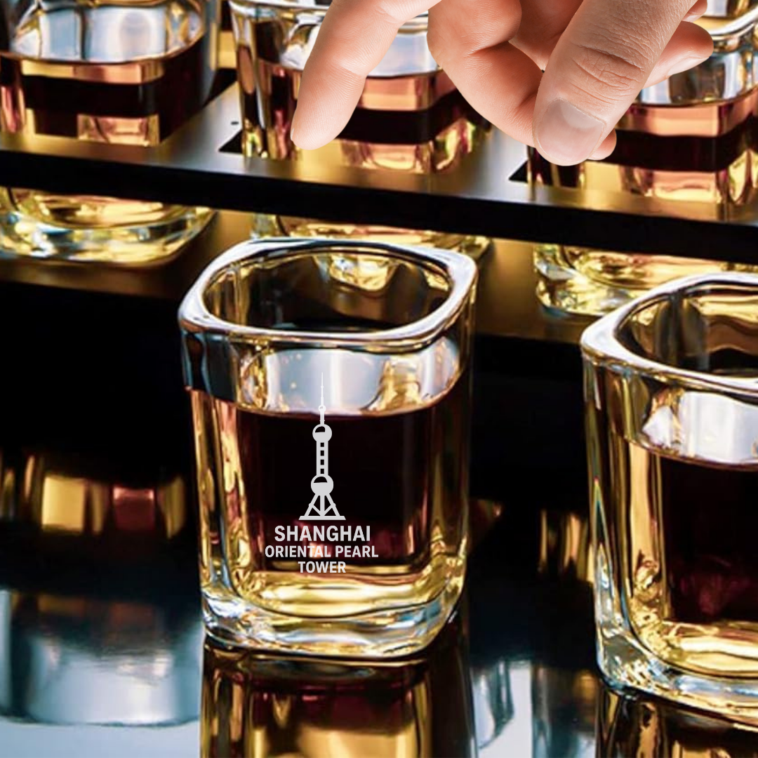 Custom Engraved Oriental Pearl Tower Shot Glass – 2.2 oz Square Glass Shanghai