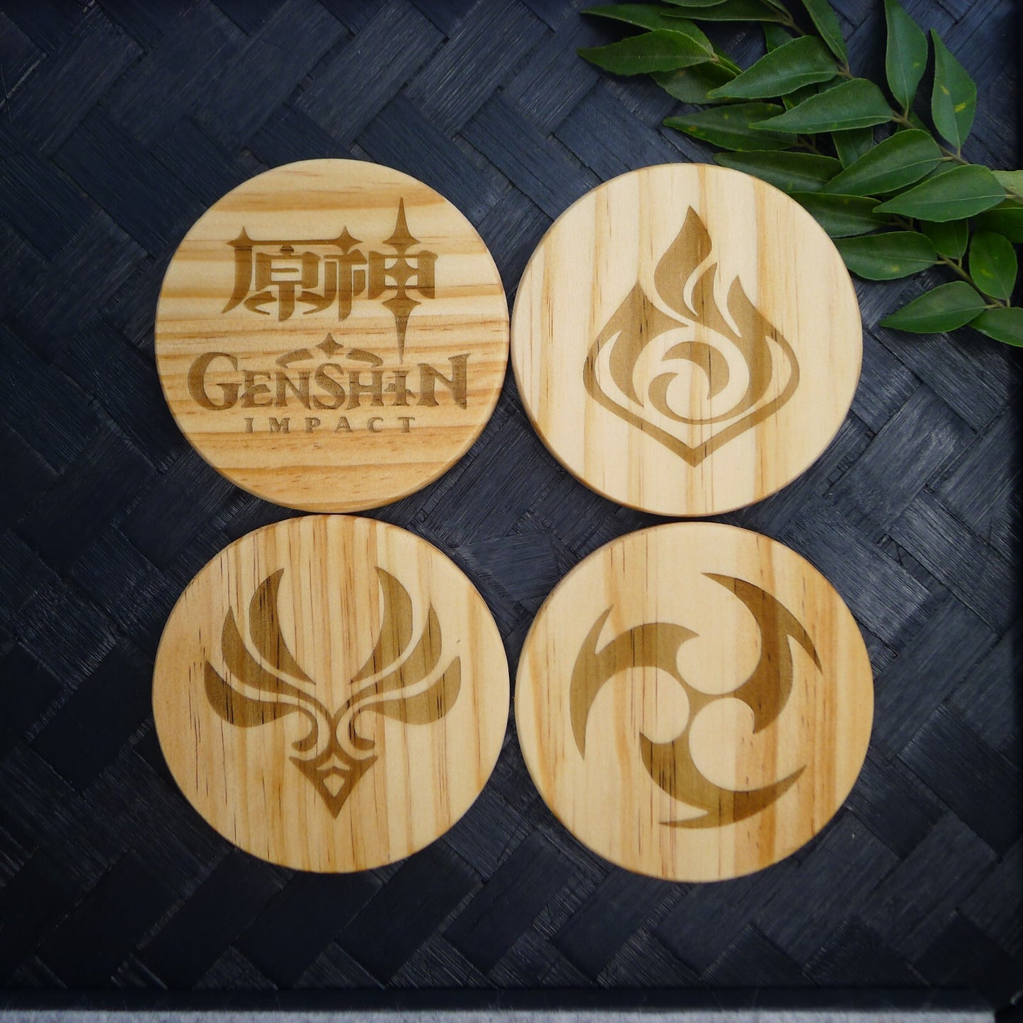 Genshin Impact Archon Wooden Coaster Set Elemental Inspired Gaming Gear