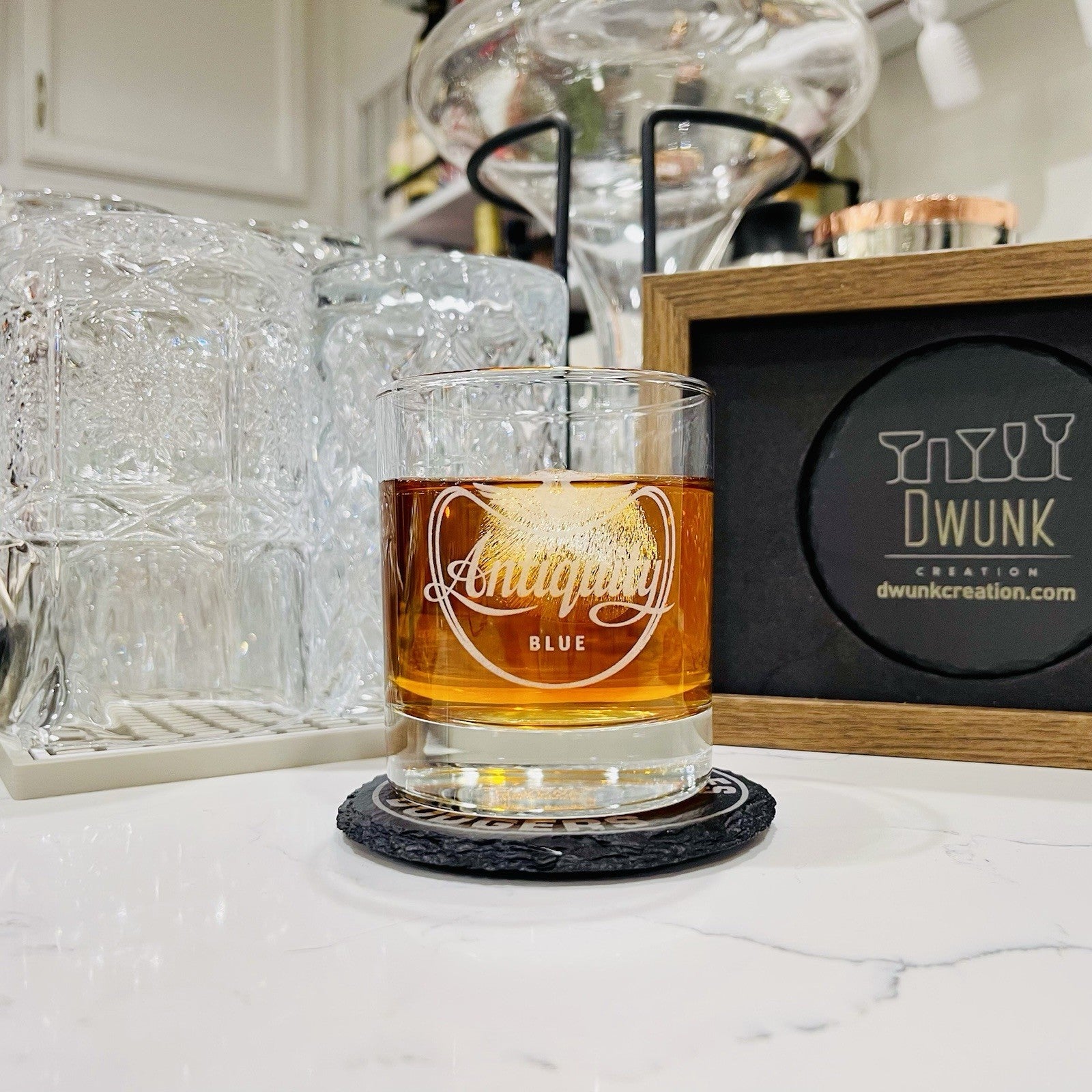 Custom Engraved Antiquity Blue Whiskey Glass – 11 oz Standard Rocks Glass