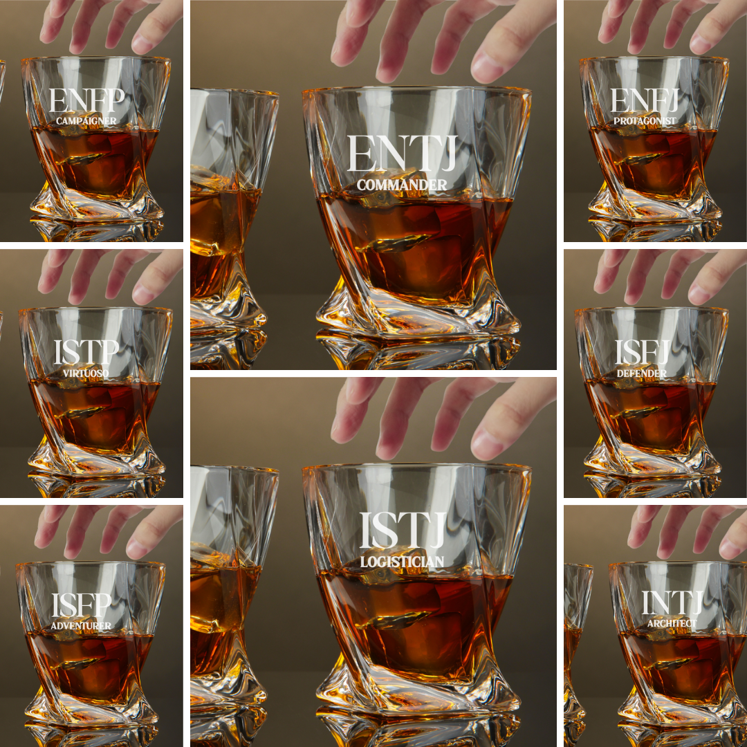Custom Engraved ENTJ Whiskey Glass – 10 oz Twisted Rocks Glass MBTI