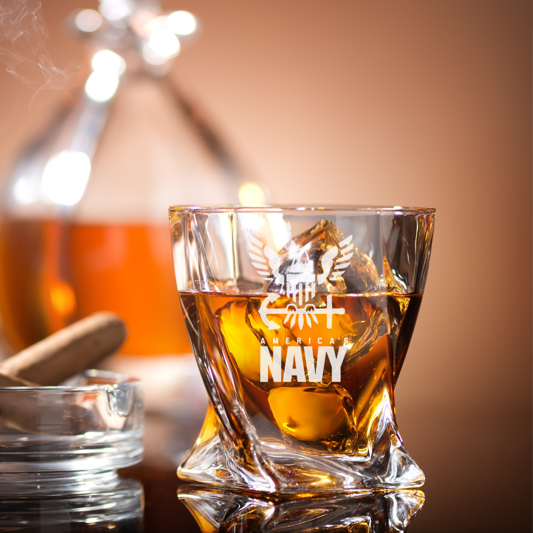 Custom Engraved US Navy Whiskey Glass – 10 oz Twisted Rocks Glass