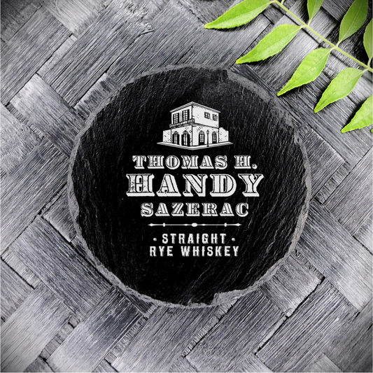 Brand New Handcrafted Laser Engraved Thomas H. Handy Sazerac Round Slate Coaster