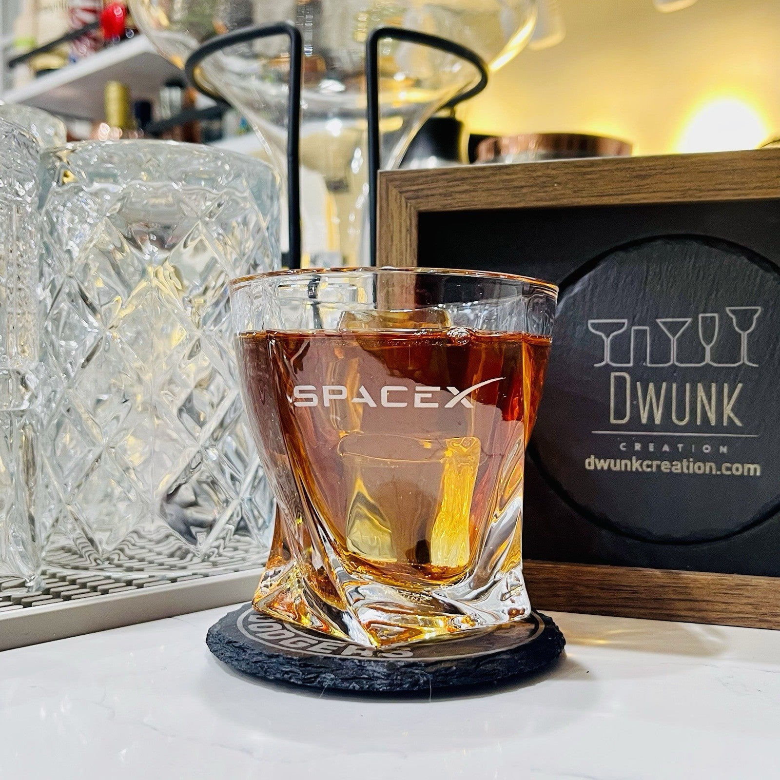 Custom Engraved SpaceX Whiskey Glass – 10 oz Twisted Rocks Glass