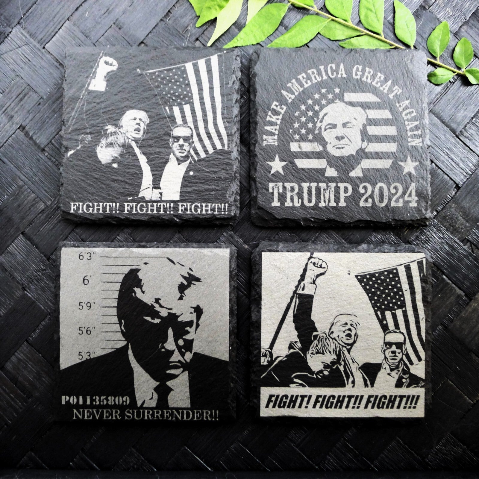Trump 2024 FIGHT Never Surrender Assassination MAGA Square Slate Coaster Set