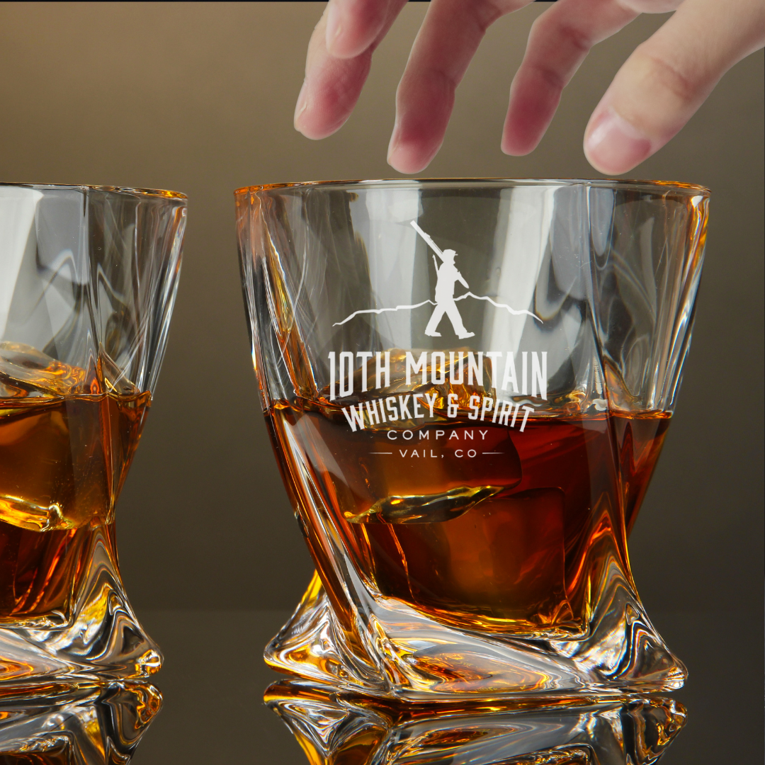 Custom Engraved 10th Mountain Whiskey Glass – 10 oz Twisted Rocks Glass
