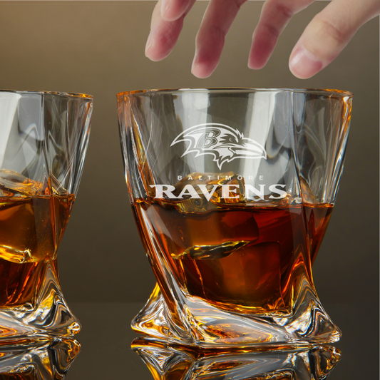 Custom Engraved Baltimore Ravens Whiskey Glass – 10 oz Twisted Rocks Glass
