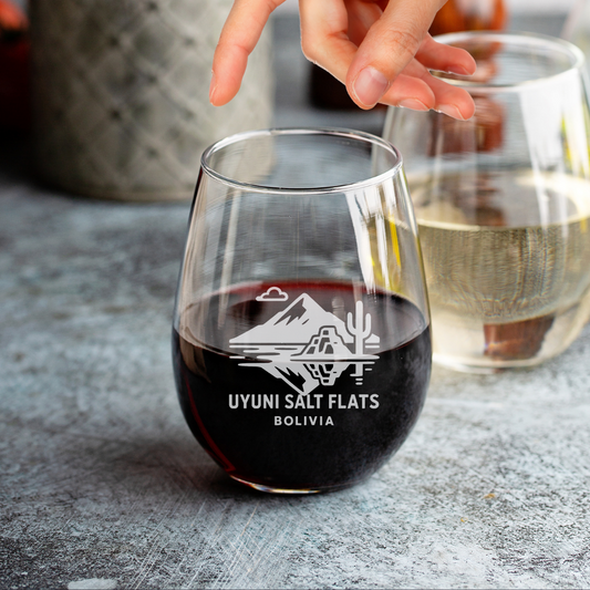 Custom Engraved Uyuni Salt Flats Wine Glass – 15 oz Stemless Wine Glass