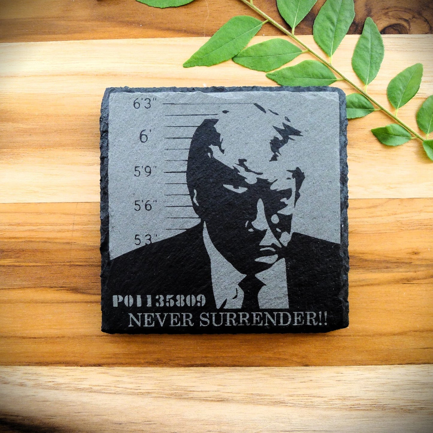 Trump NEVER SURRENDER MUG SHOT Slate Coaster Patriotic Home Decor MAGA 