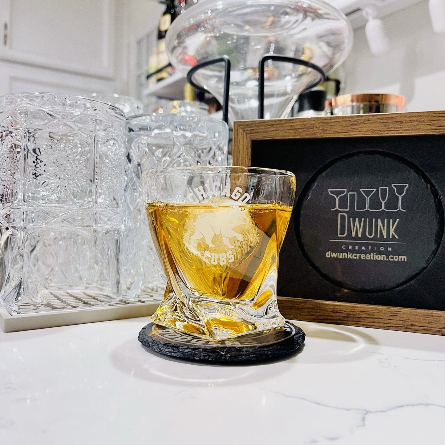 Custom Engraved Chicago Cubs Whiskey Glass – 10 oz Twisted Rocks Glass
