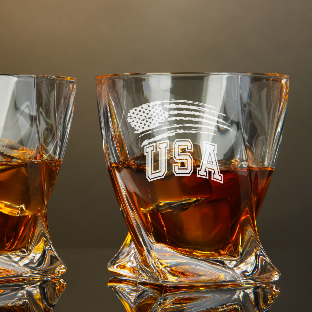 Independence Day USA Flag Whiskey Glass – 10 oz Engraved Twisted Rock Glass