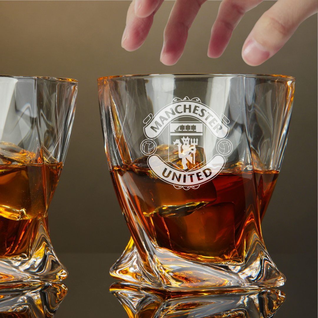 Custom Engraved Manchester United F.C. Whiskey Glass – 10 oz Twisted Rocks Glass