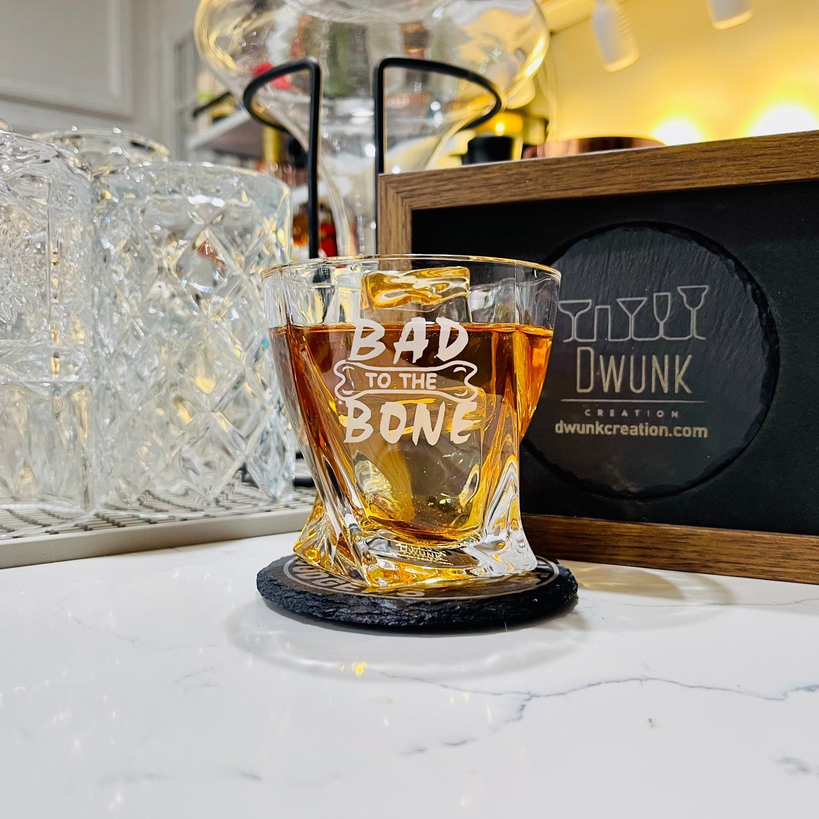 Custom Engraved Bad to the Bone Whiskey Glass – 10 oz Twisted Rocks Glass
