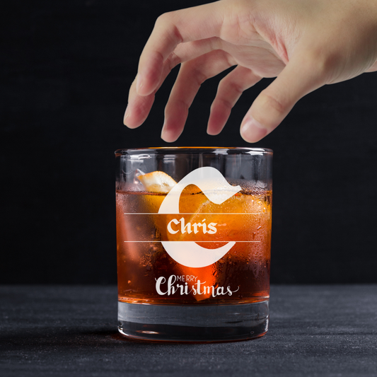 Custom Engraved Initial Christmas Whiskey Glass – 11 oz Capacity
