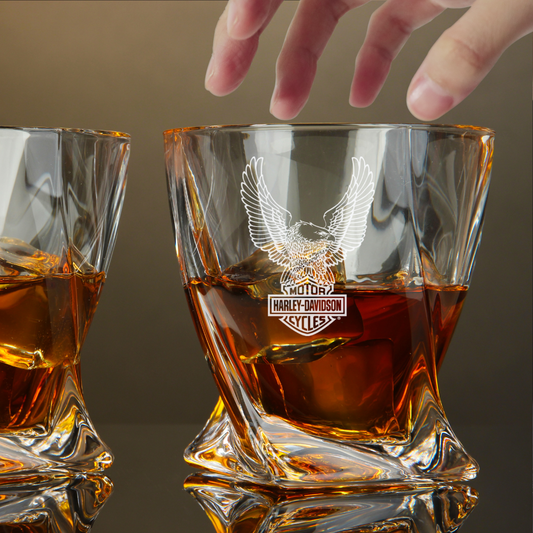 Custom Engraved Harley-Davidson Whiskey Glass – 10 oz Twisted Rocks Glass