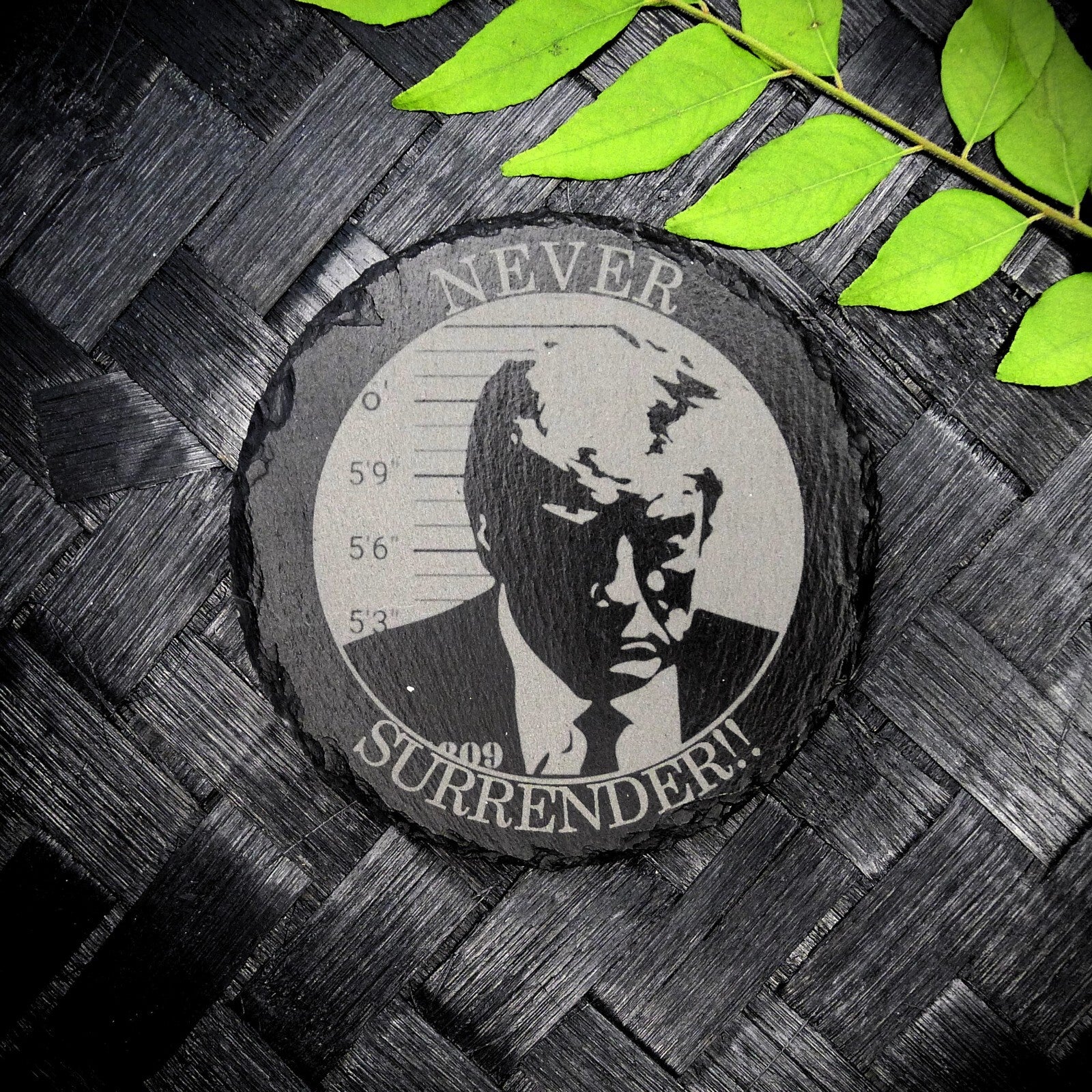 Trump NEVER SURRENDER MUG SHOT Slate Coaster Patriotic Home Decor MAGA 