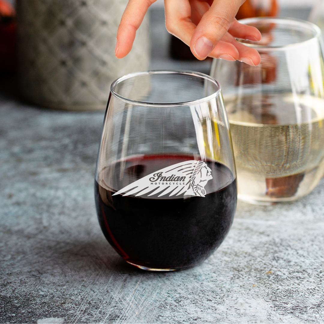 Custom Engraved Indian Motorcycle Wine Glass – 15 oz Stemless Wine Glass