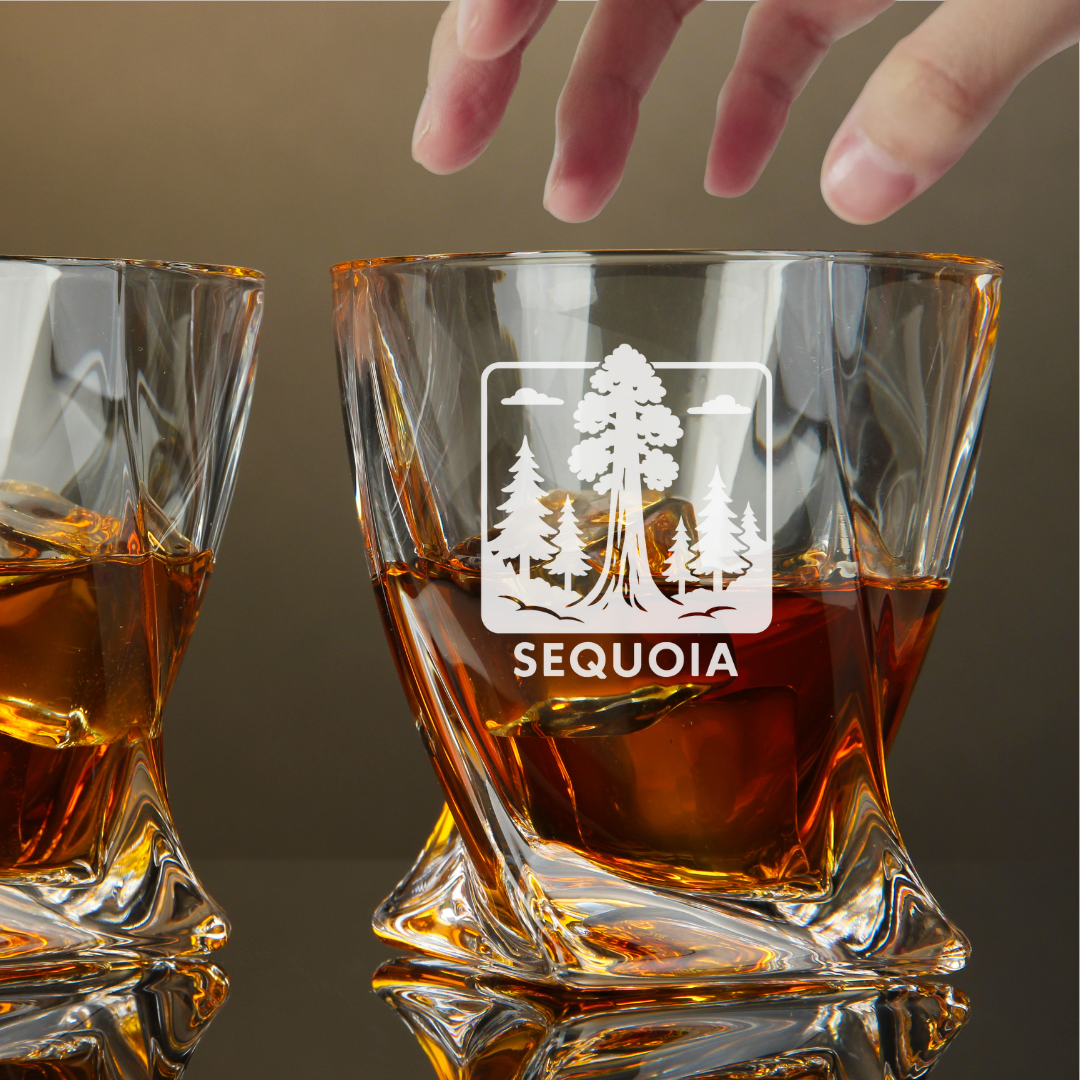 Custom Engraved Sequoia Whiskey Glass – 10 oz Twisted Rocks Glass